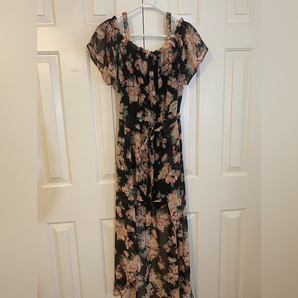 Floral Romper with Sheer Overlay | L | Off-Shoulder, Detachable Straps, High-Low - Picture 2 of 13